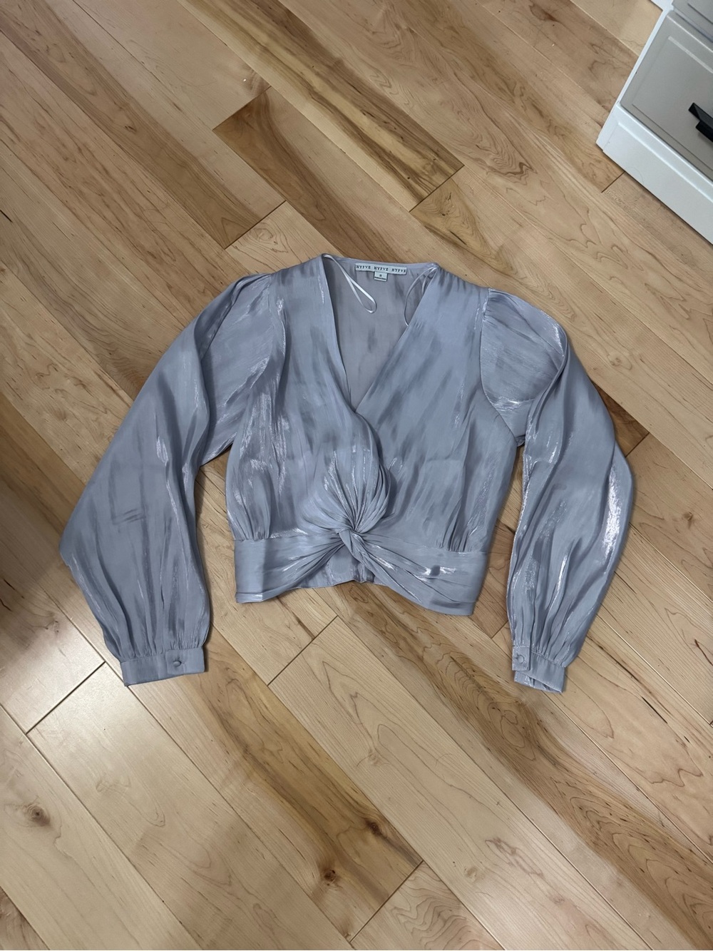 HYFVE Shimmery Light Gray Twist-Front V-Neck Blouse